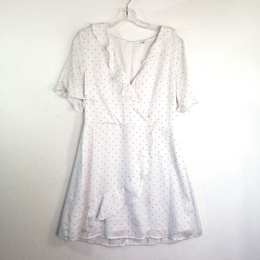 BCBG Generation Dress Womens‎ Medium White Polka Dot Mini Dress Ruffle Faux Wrap